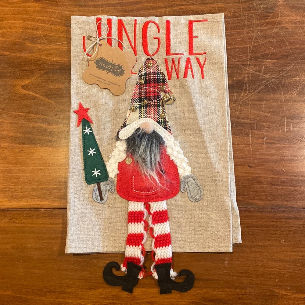 NWT Mud Pie Jingle All The Way Dangle Gnome 100% Linen Tea Towel Christmas NEW